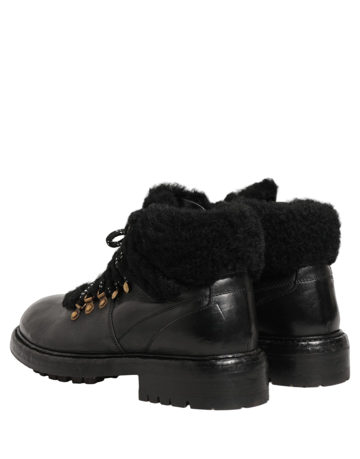 Dolce & Gabbana Black Trekking Fur Lace Leather Boots Shoes - HBPS Beauty & Fashion