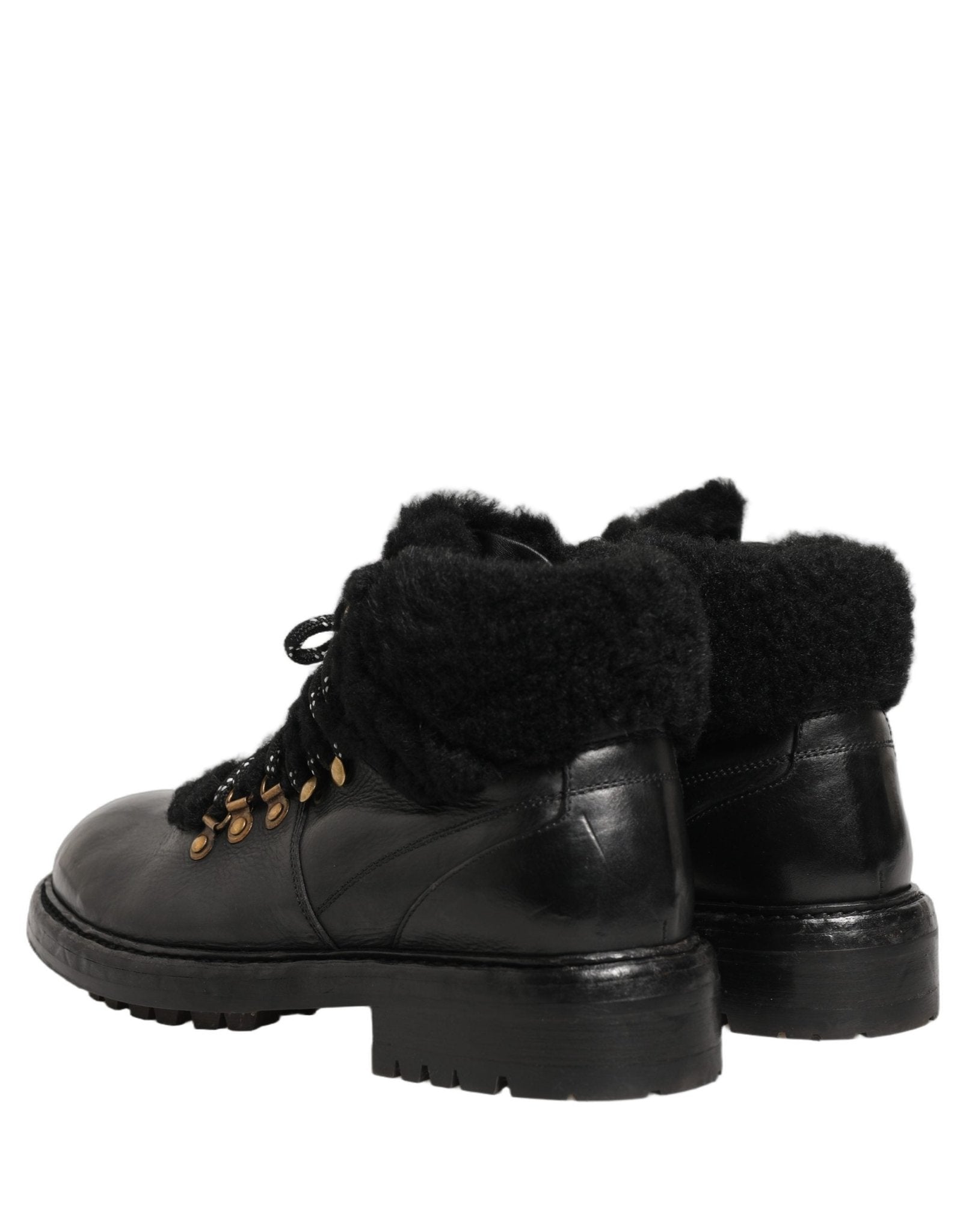 Dolce & Gabbana Black Trekking Fur Lace Leather Boots Shoes - HBPS Beauty & Fashion