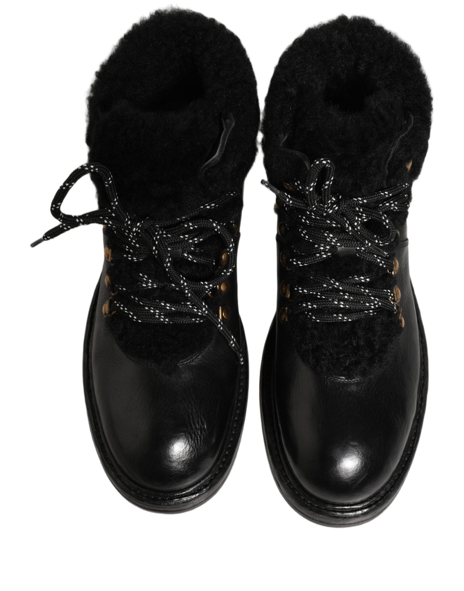 Dolce & Gabbana Black Trekking Fur Lace Leather Boots Shoes - HBPS Beauty & Fashion
