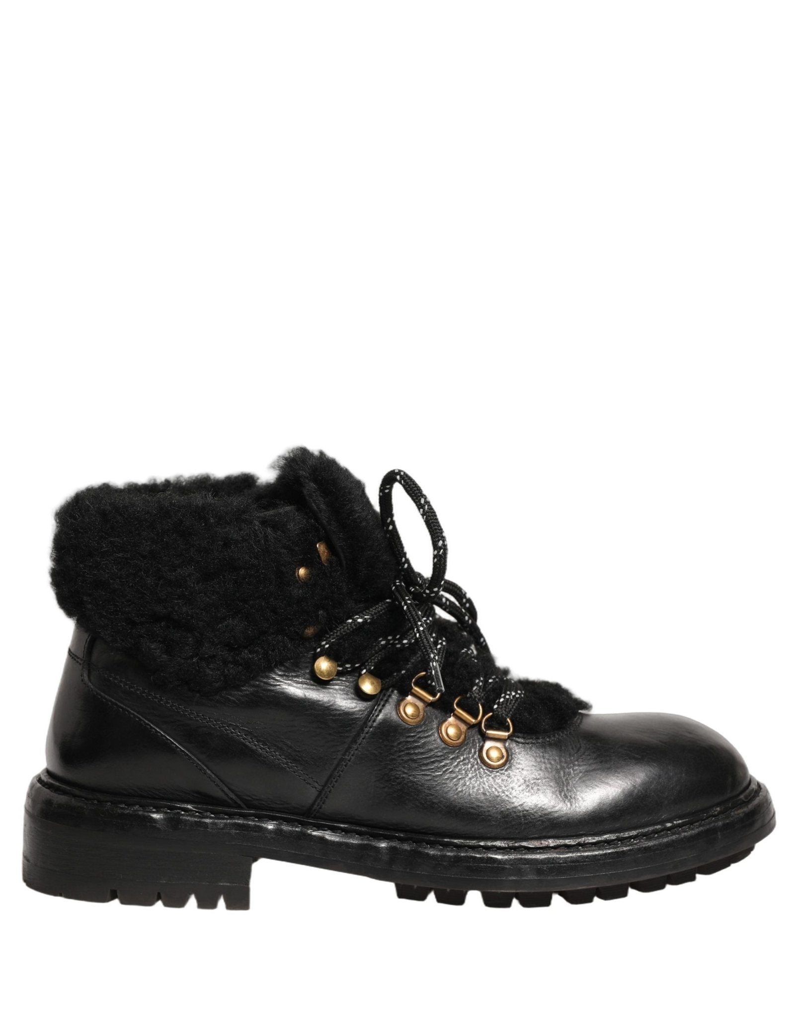 Dolce & Gabbana Black Trekking Fur Lace Leather Boots Shoes - HBPS Beauty & Fashion