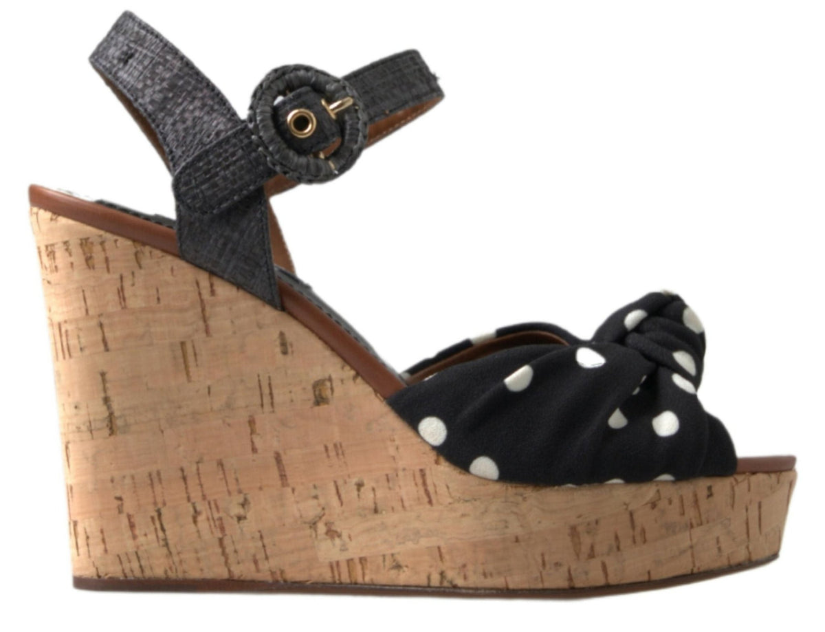 Dolce & Gabbana Black Wedges Polka Dotted Ankle Strap Shoes Sandals - HBPS Beauty & Fashion