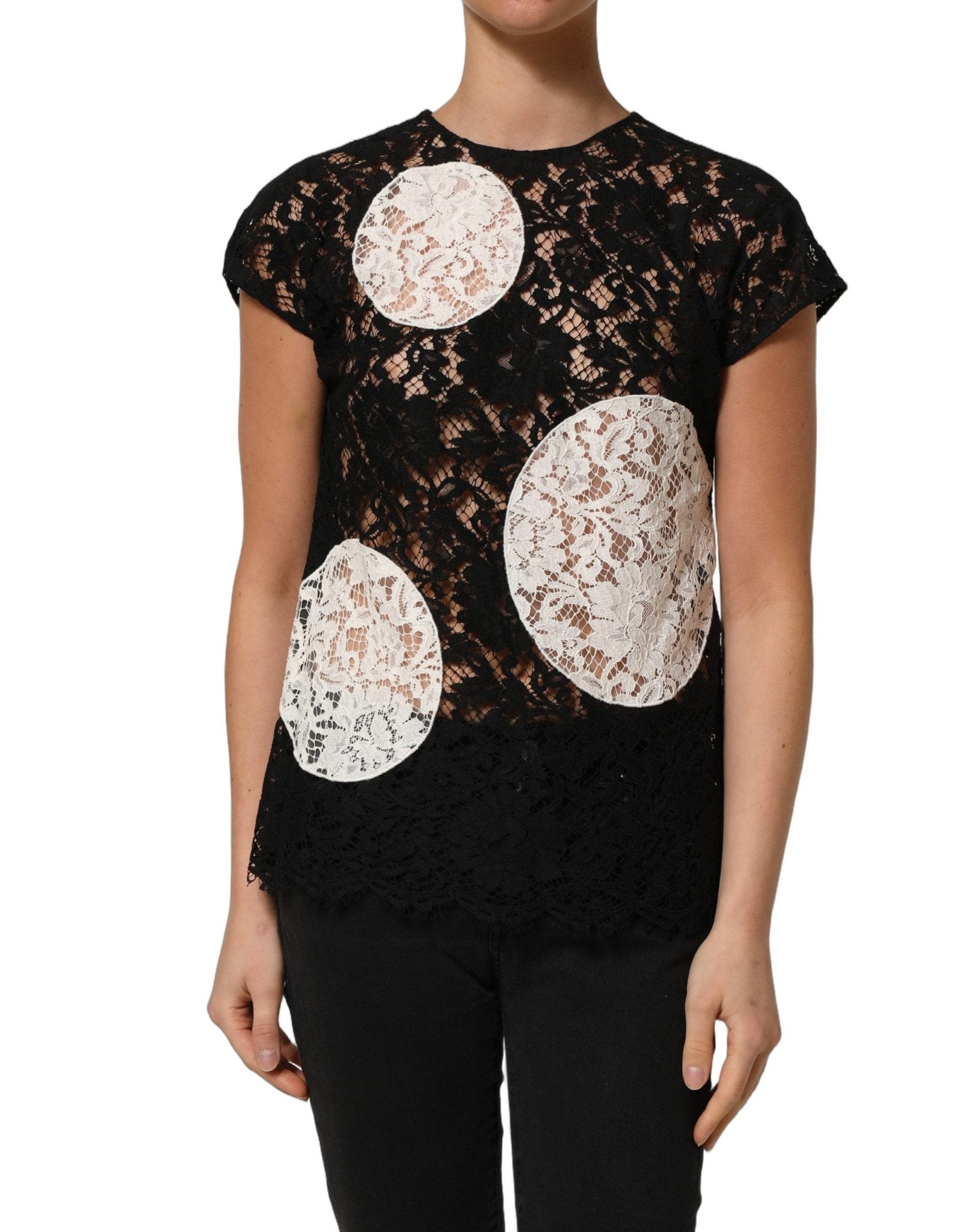 Dolce & Gabbana Black White Floral Lace Short Sleeve Blouse Top - HBPS Beauty & Fashion
