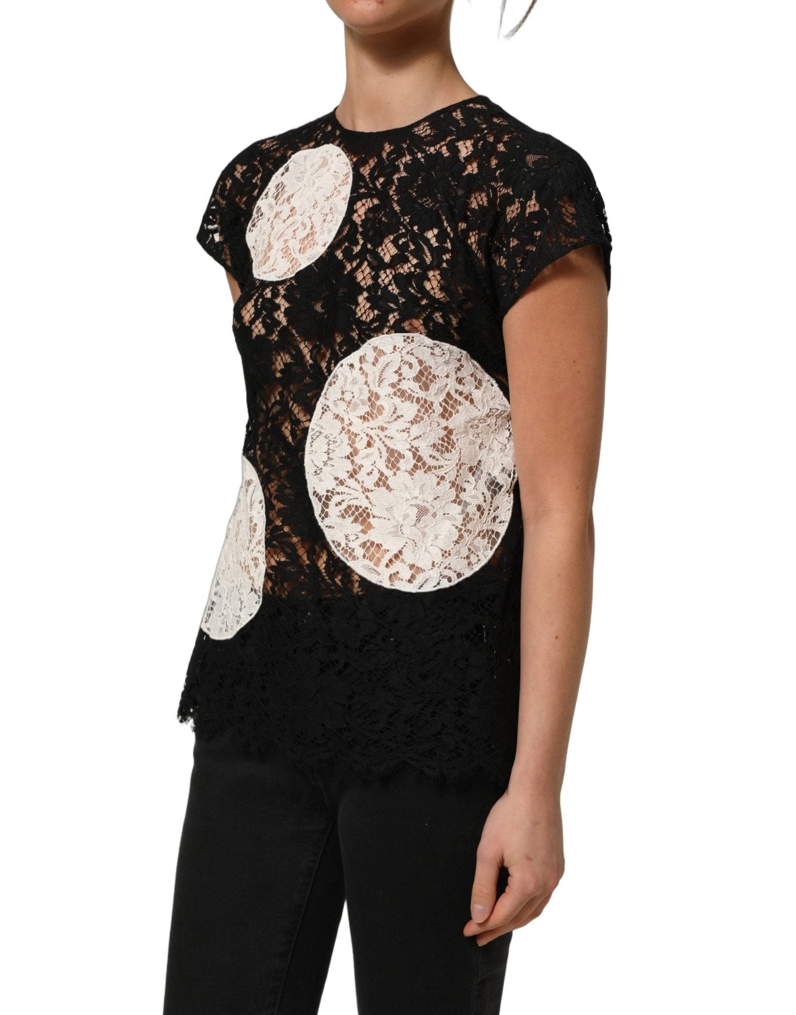 Dolce & Gabbana Black White Floral Lace Short Sleeve Blouse Top - HBPS Beauty & Fashion