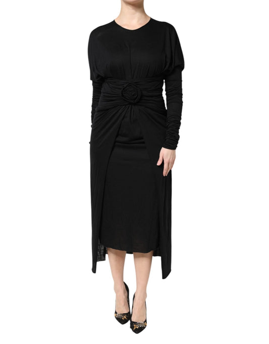 Dolce & Gabbana Black Wool Long Sleeves Sheath Midi Dress - HBPS Beauty & Fashion