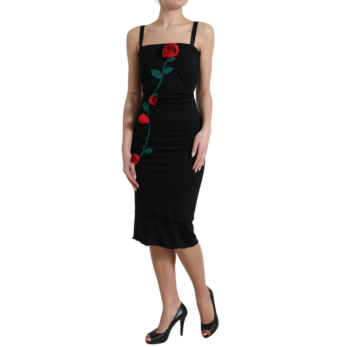 Dolce & Gabbana Black Wool Sleeveless Rose Applique Dress - HBPS Beauty & Fashion