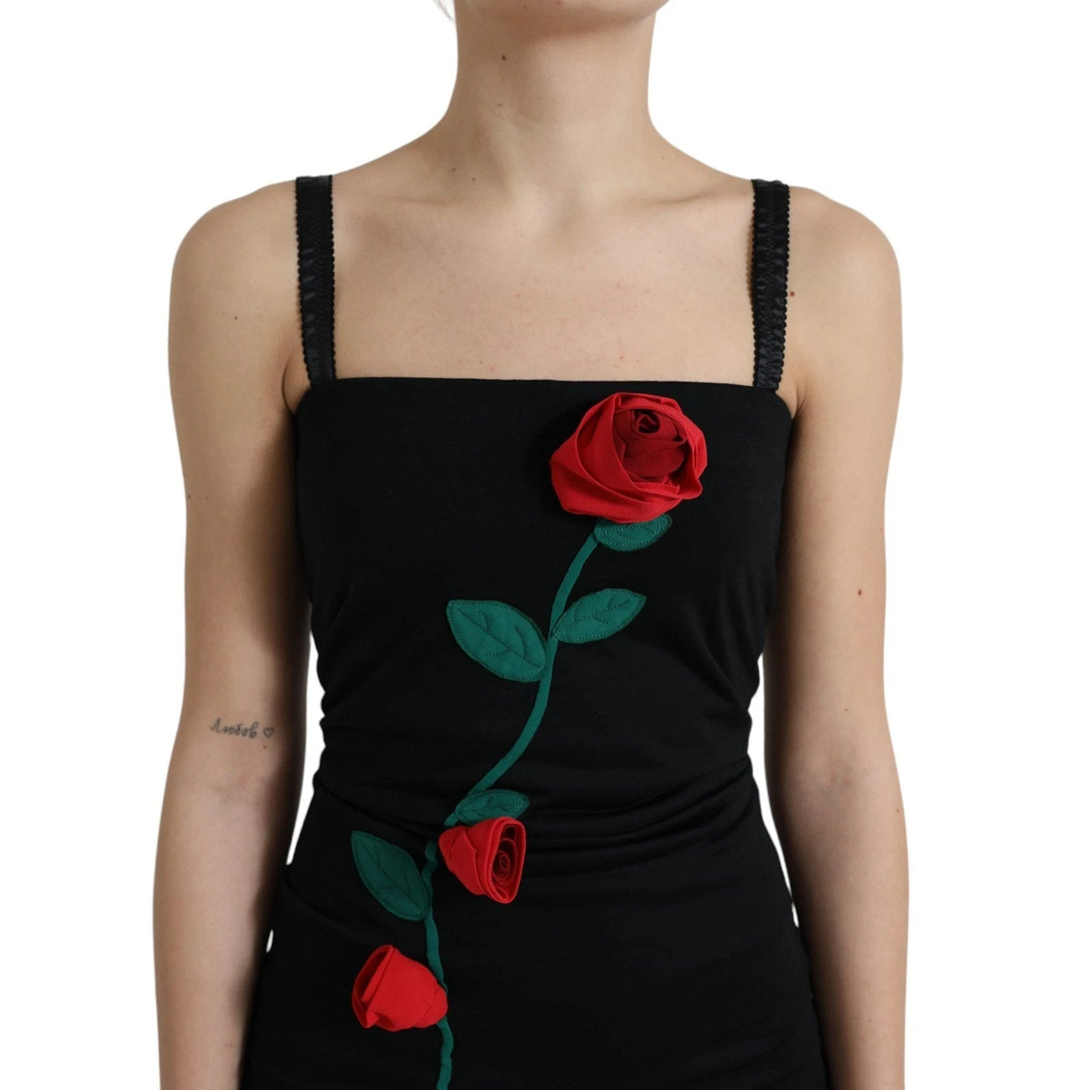 Dolce & Gabbana Black Wool Sleeveless Rose Applique Dress - HBPS Beauty & Fashion