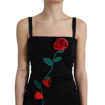 Dolce & Gabbana Black Wool Sleeveless Rose Applique Dress - HBPS Beauty & Fashion