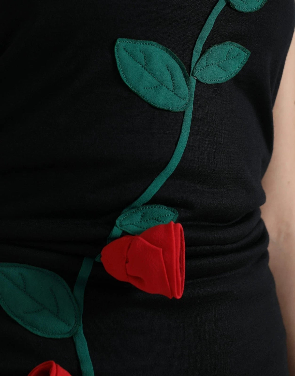 Dolce & Gabbana Black Wool Sleeveless Rose Applique Dress - HBPS Beauty & Fashion