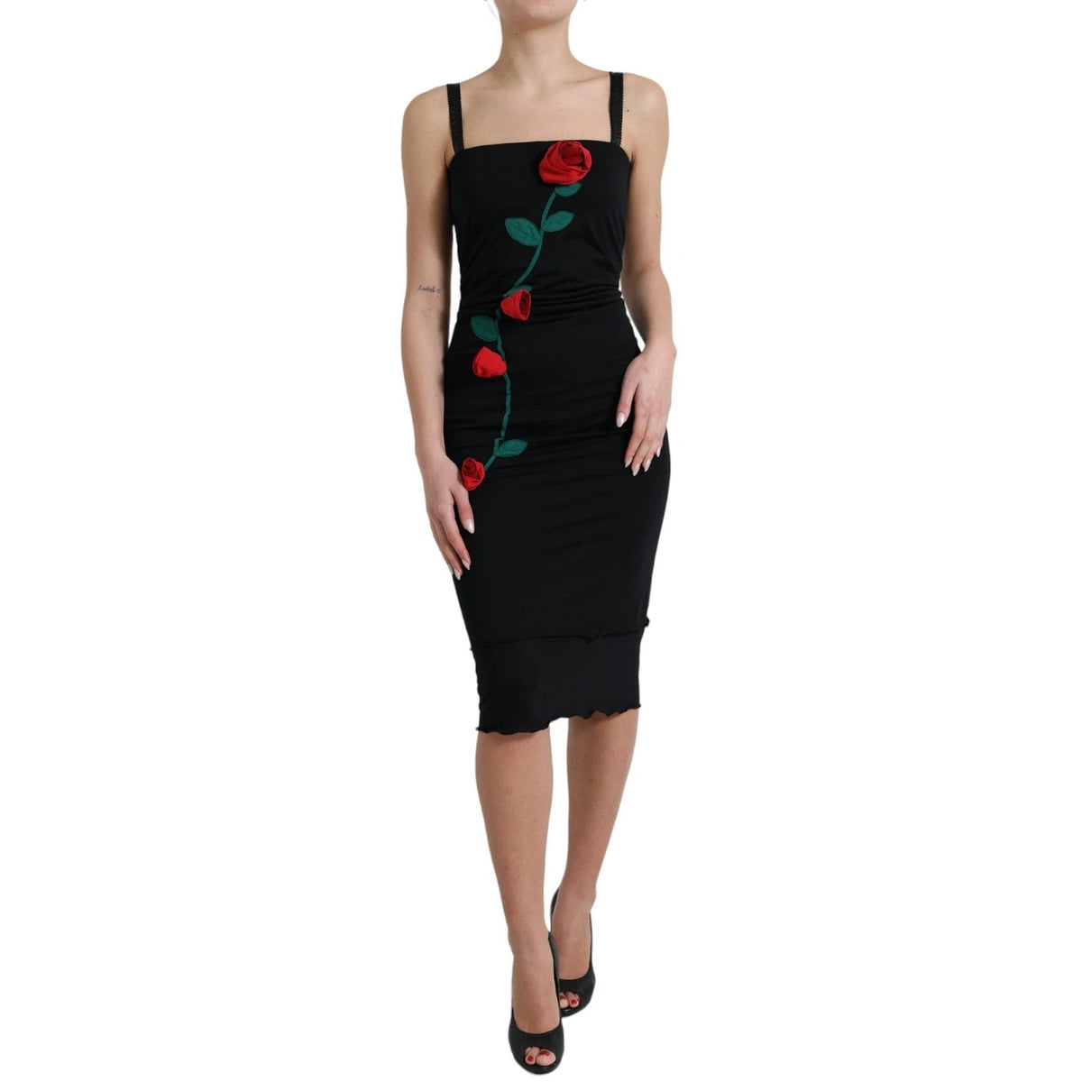 Dolce & Gabbana Black Wool Sleeveless Rose Applique Dress - HBPS Beauty & Fashion