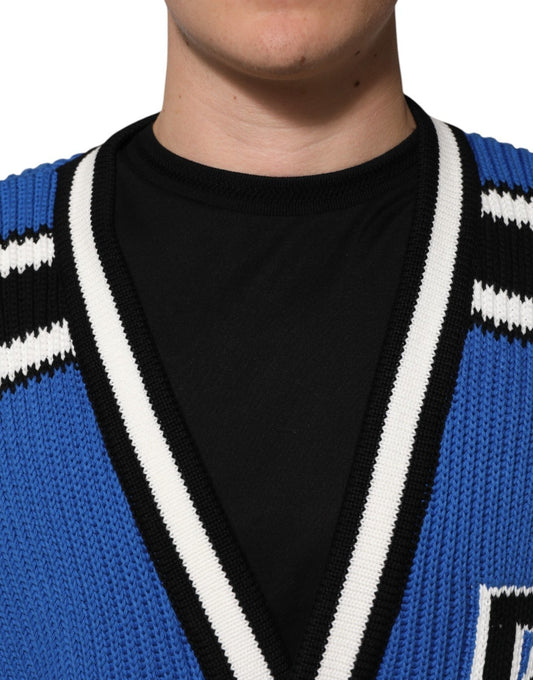 Dolce & Gabbana Blue Cotton Logo Patch Ribbed Knit Cardigan Sweater - HBPS Beauty & Fashion
