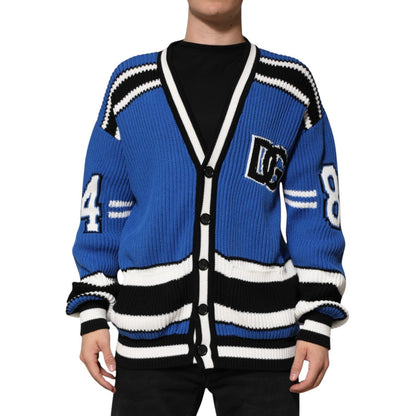 Dolce & Gabbana Blue Cotton Logo Patch Ribbed Knit Cardigan Sweater - HBPS Beauty & Fashion