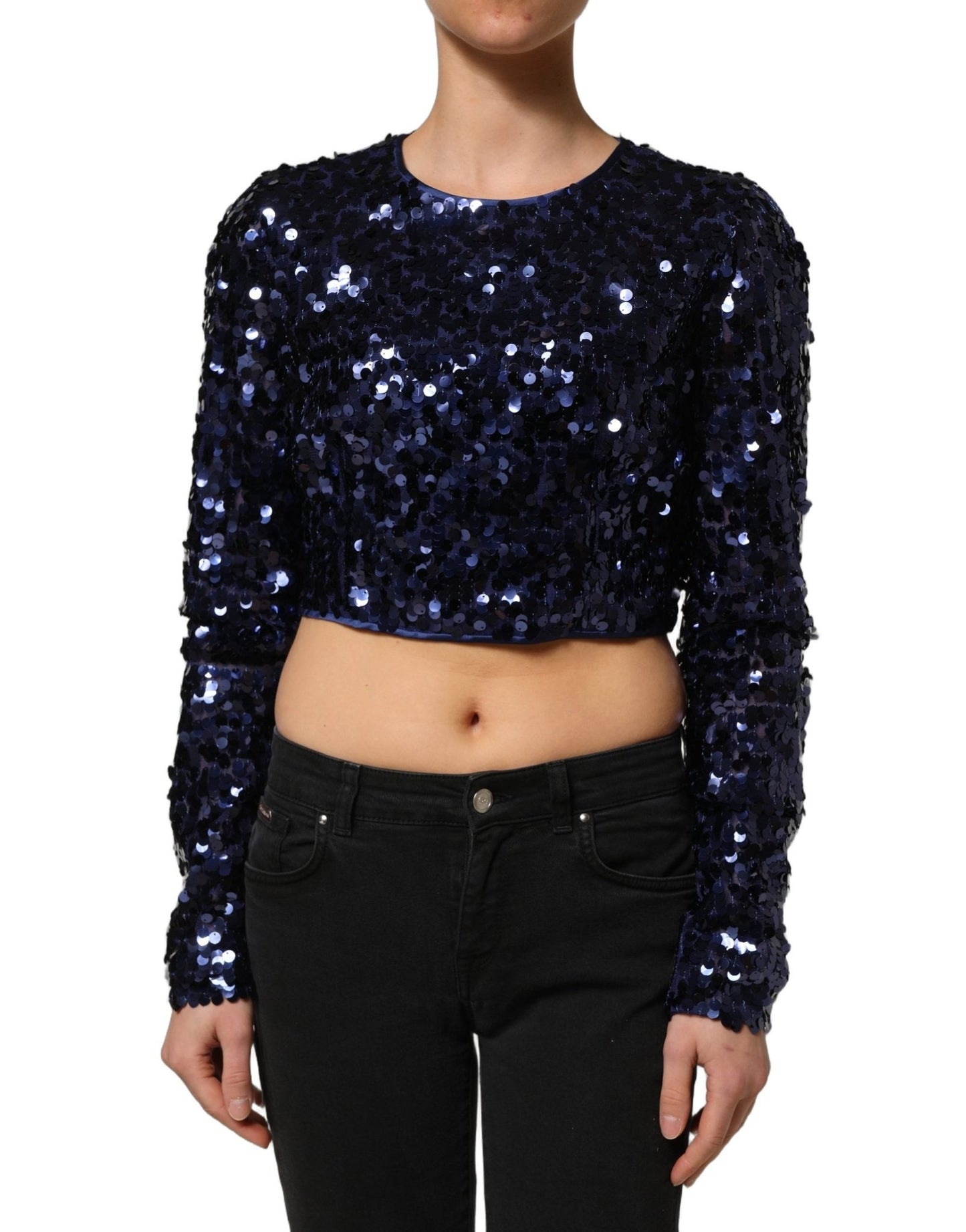 Dolce & Gabbana Blue Sequined Long Sleeves Crop Blouse Top - HBPS Beauty & Fashion