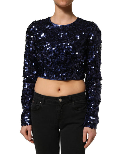 Dolce & Gabbana Blue Sequined Long Sleeves Crop Blouse Top - HBPS Beauty & Fashion