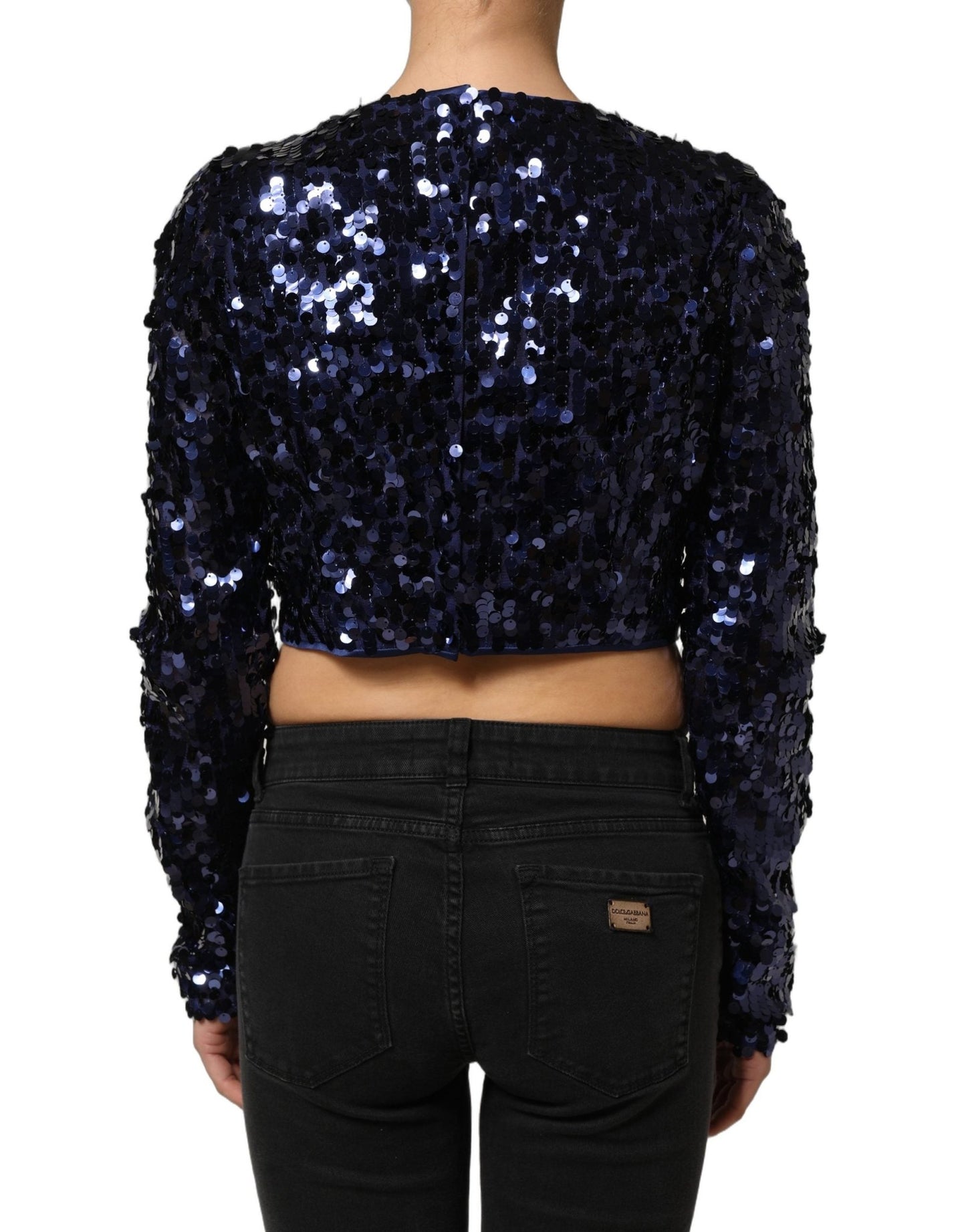 Dolce & Gabbana Blue Sequined Long Sleeves Crop Blouse Top - HBPS Beauty & Fashion