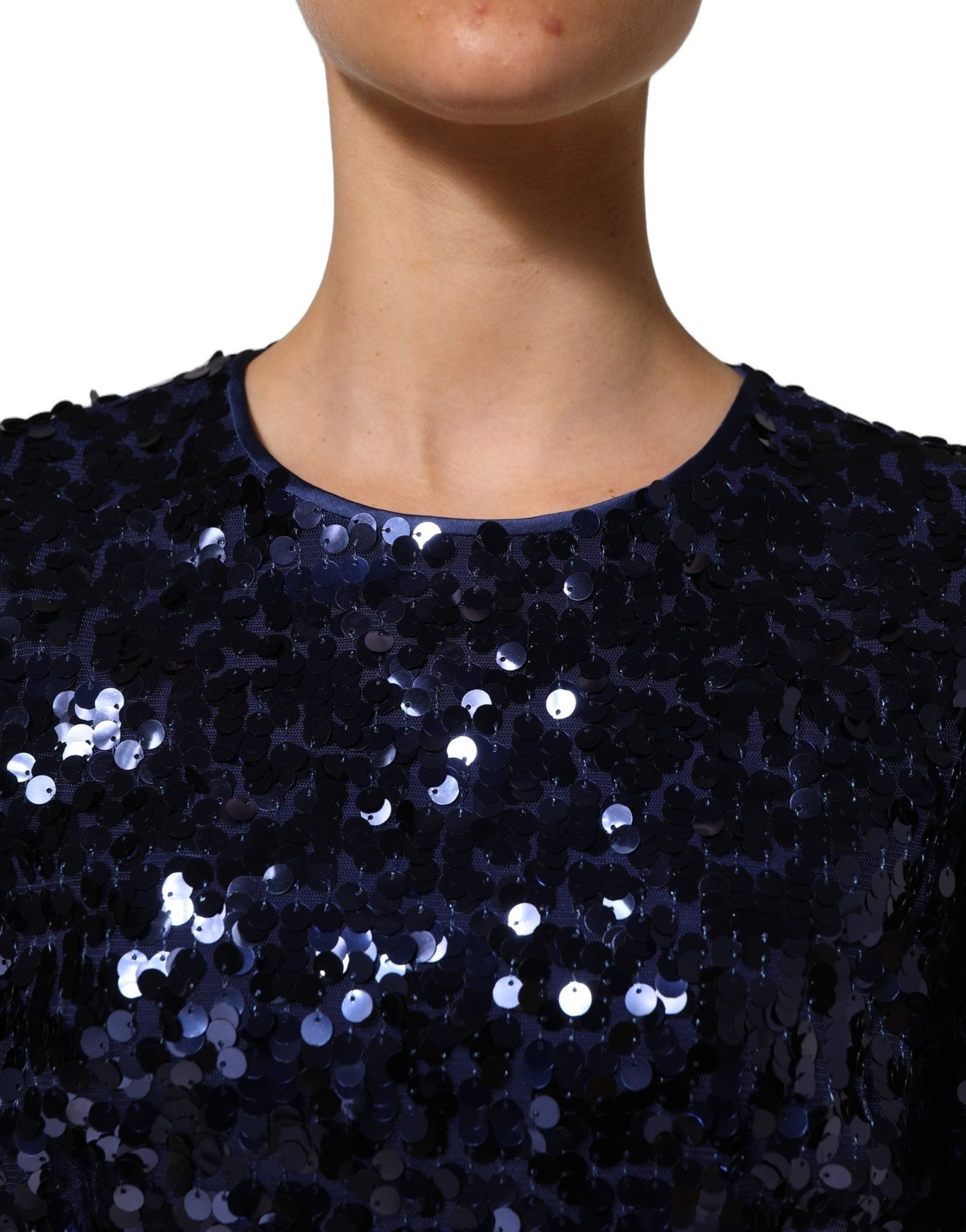 Dolce & Gabbana Blue Sequined Long Sleeves Crop Blouse Top - HBPS Beauty & Fashion