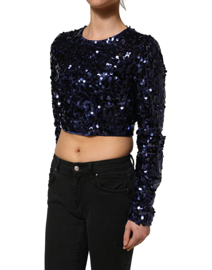Dolce & Gabbana Blue Sequined Long Sleeves Crop Blouse Top - HBPS Beauty & Fashion