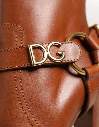 Dolce & Gabbana Brown Leather DG Logo Buckle Ankle Boots Shoes - HBPS Beauty & Fashion