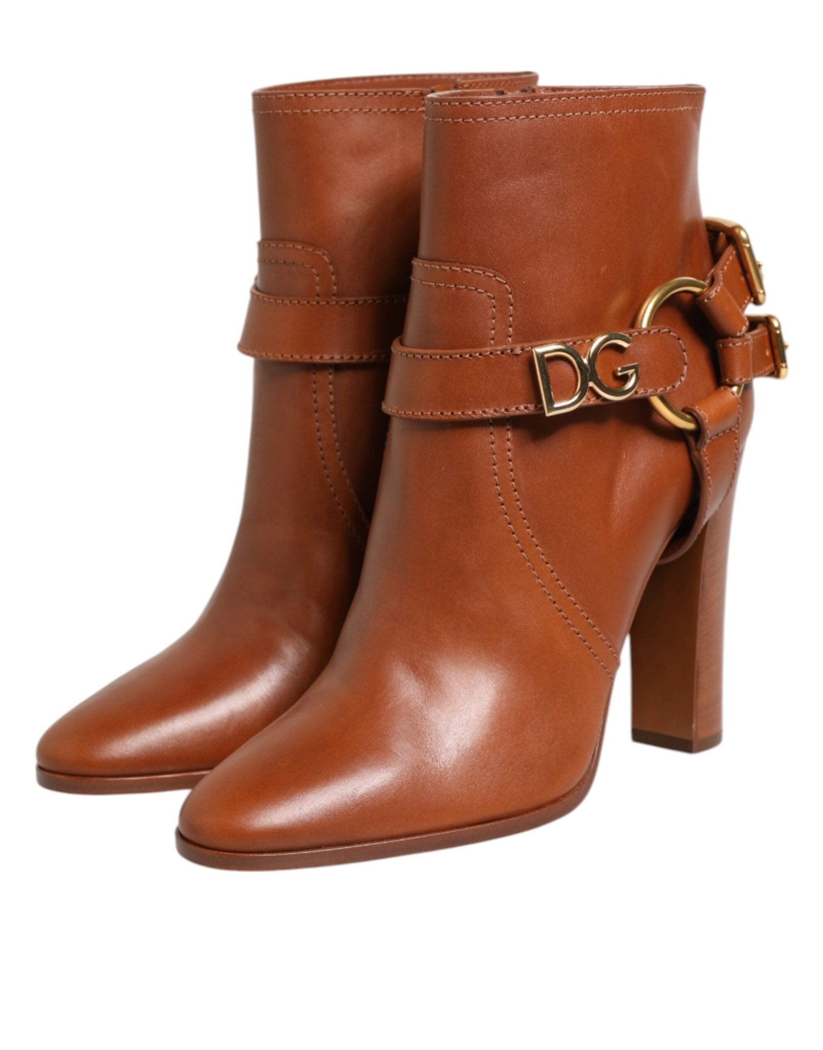 Dolce & Gabbana Brown Leather DG Logo Buckle Ankle Boots Shoes - HBPS Beauty & Fashion
