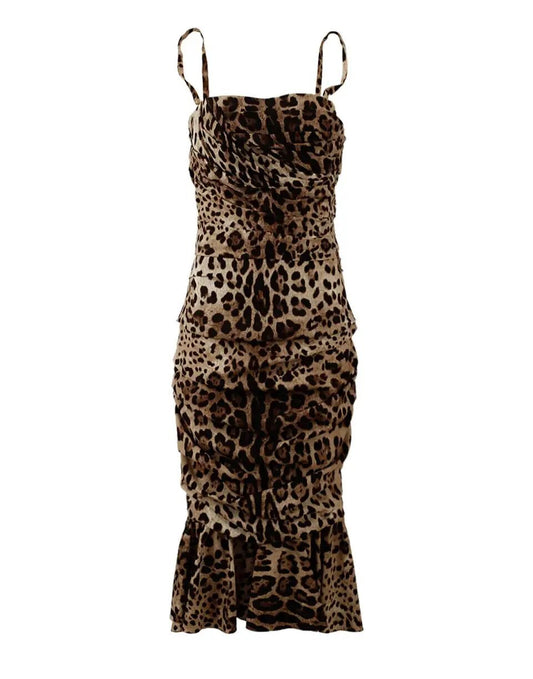 Dolce & Gabbana Brown Leopard Print Ruched Midi Dress - HBPS Beauty & Fashion