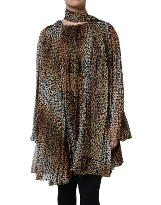 Dolce & Gabbana Brown Leopard Print Scarf Collared Chiffon Dress - HBPS Beauty & Fashion