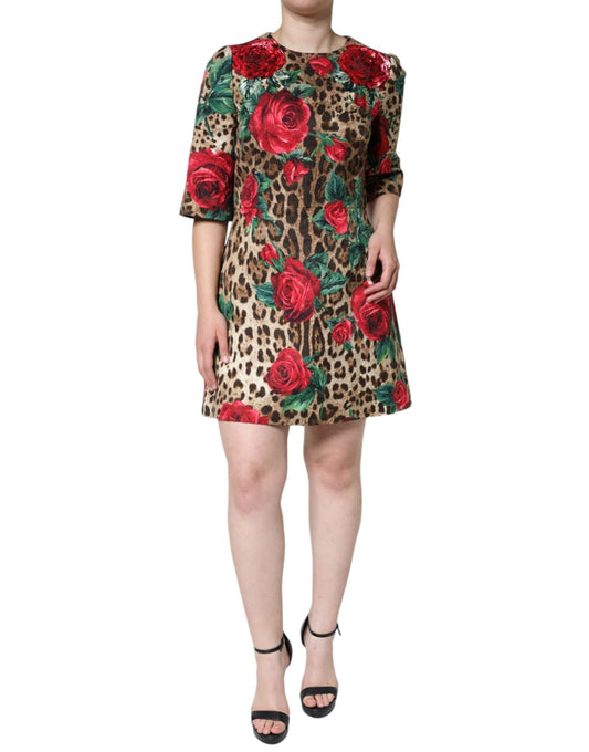 Dolce & Gabbana Brown Leopard Red Roses Cotton A-line Dress - HBPS Beauty & Fashion