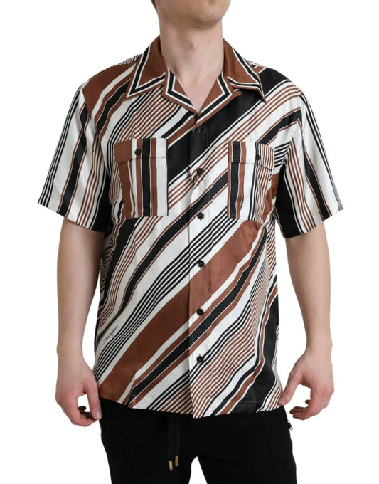 Dolce & Gabbana Brown White Silk Striped Short Sleeve Shirt - HBPS Beauty & Fashion
