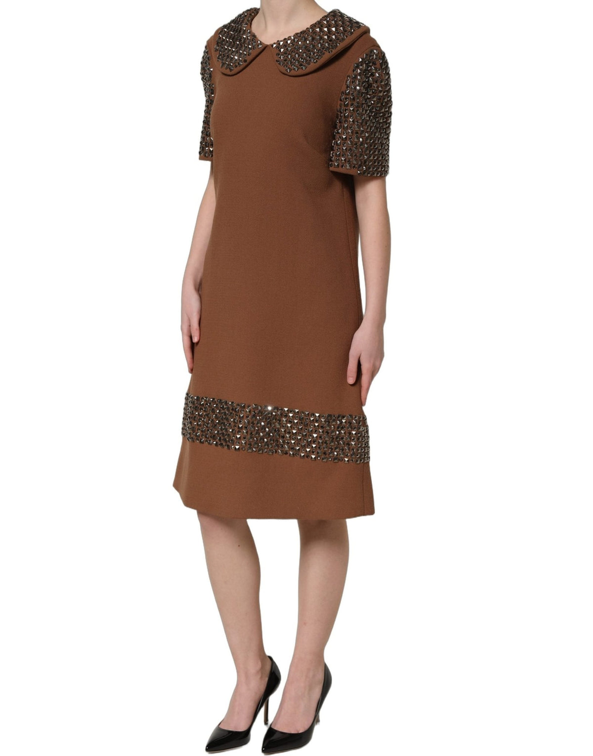 Dolce & Gabbana Brown Wool Rhinestone Embellished Midi Dress - HBPS Beauty & Fashion