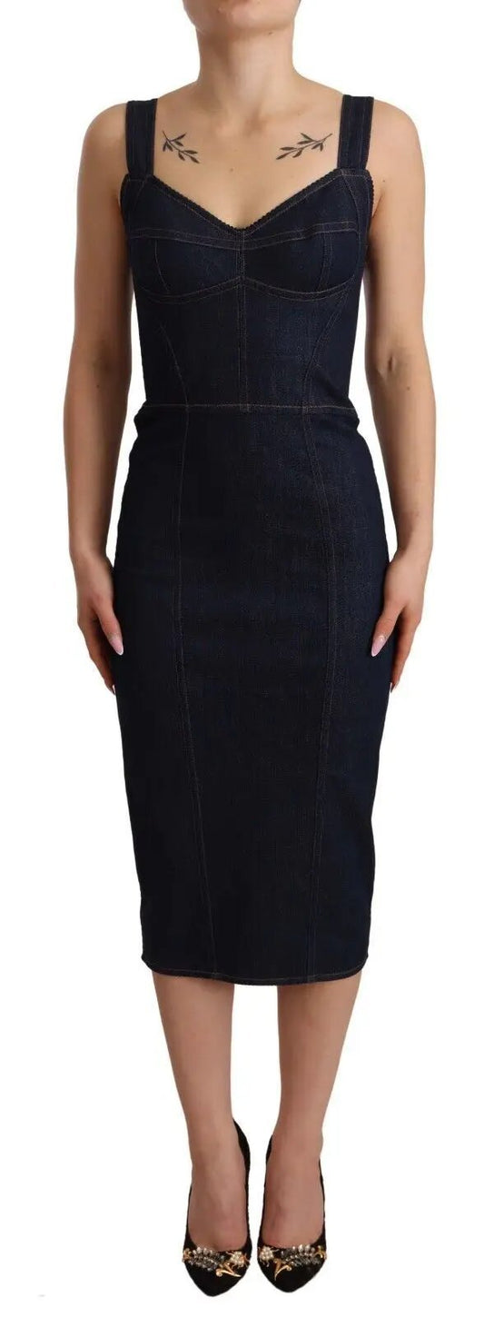Dolce & Gabbana Dark Blue Cotton Denim Sheath Midi Dress - HBPS Beauty & Fashion