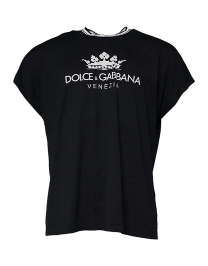 Dolce & Gabbana Dark Blue Logo Crown Cotton Crew Neck T-shirt - HBPS Beauty & Fashion