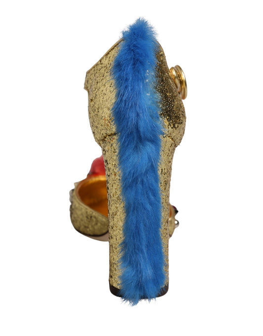 Dolce & Gabbana Gold Fur Trim Glitter T-strap Sandals Shoes - HBPS Beauty & Fashion