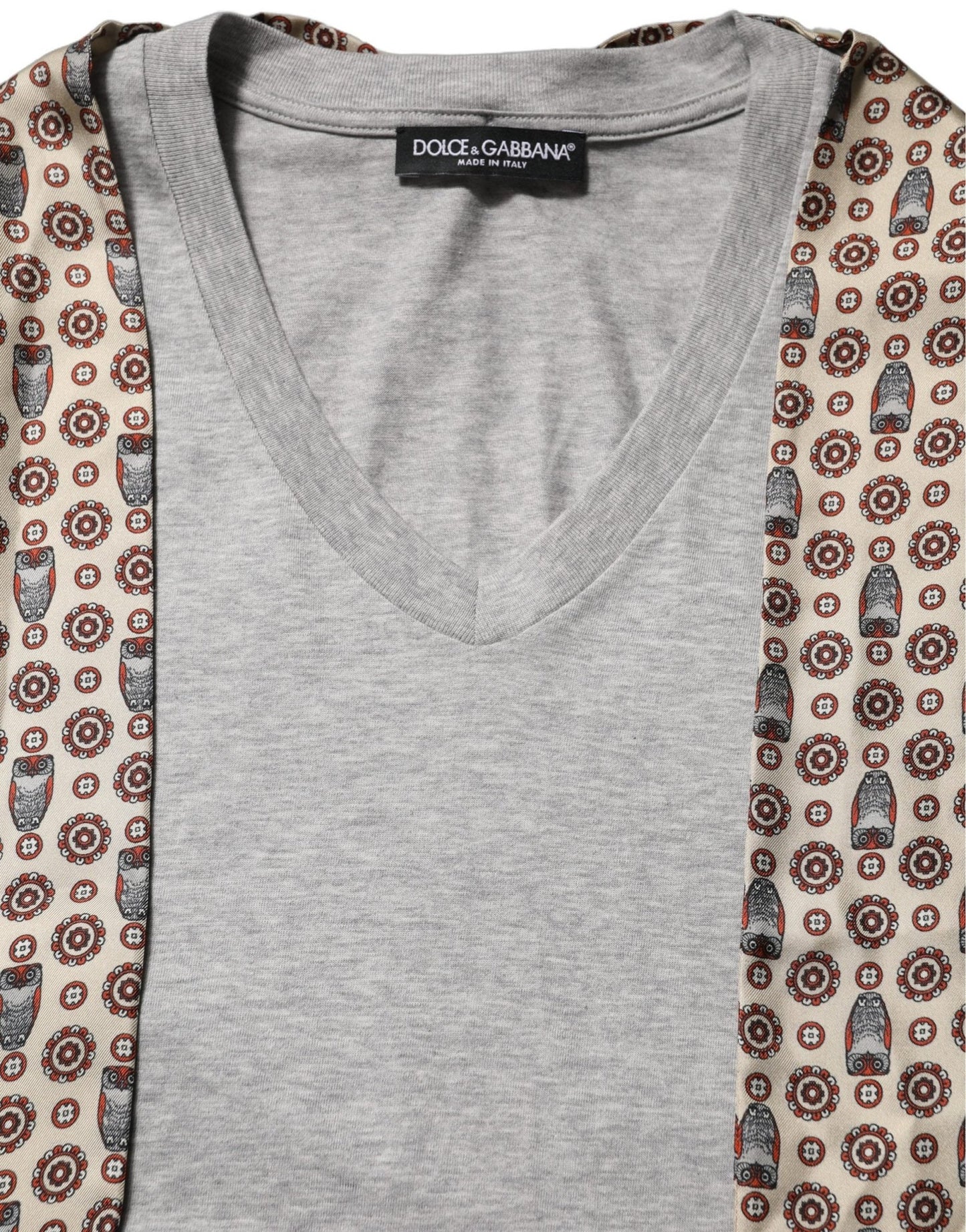 Dolce & Gabbana Gray Cotton V-neck Owl Silk Scarf Top T-shirt - HBPS Beauty & Fashion
