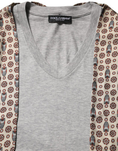 Dolce & Gabbana Gray Cotton V-neck Owl Silk Scarf Top T-shirt - HBPS Beauty & Fashion