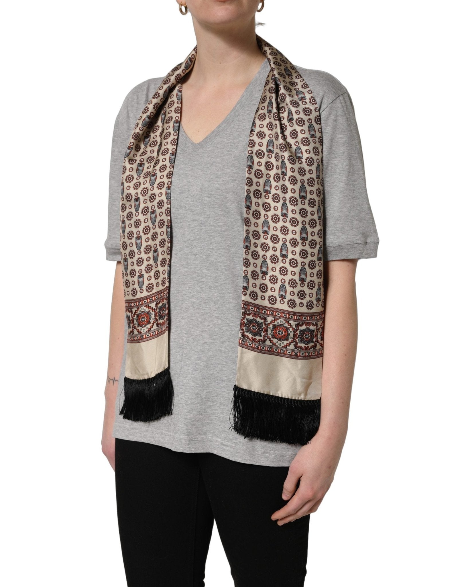 Dolce & Gabbana Gray Cotton V-neck Owl Silk Scarf Top T-shirt - HBPS Beauty & Fashion