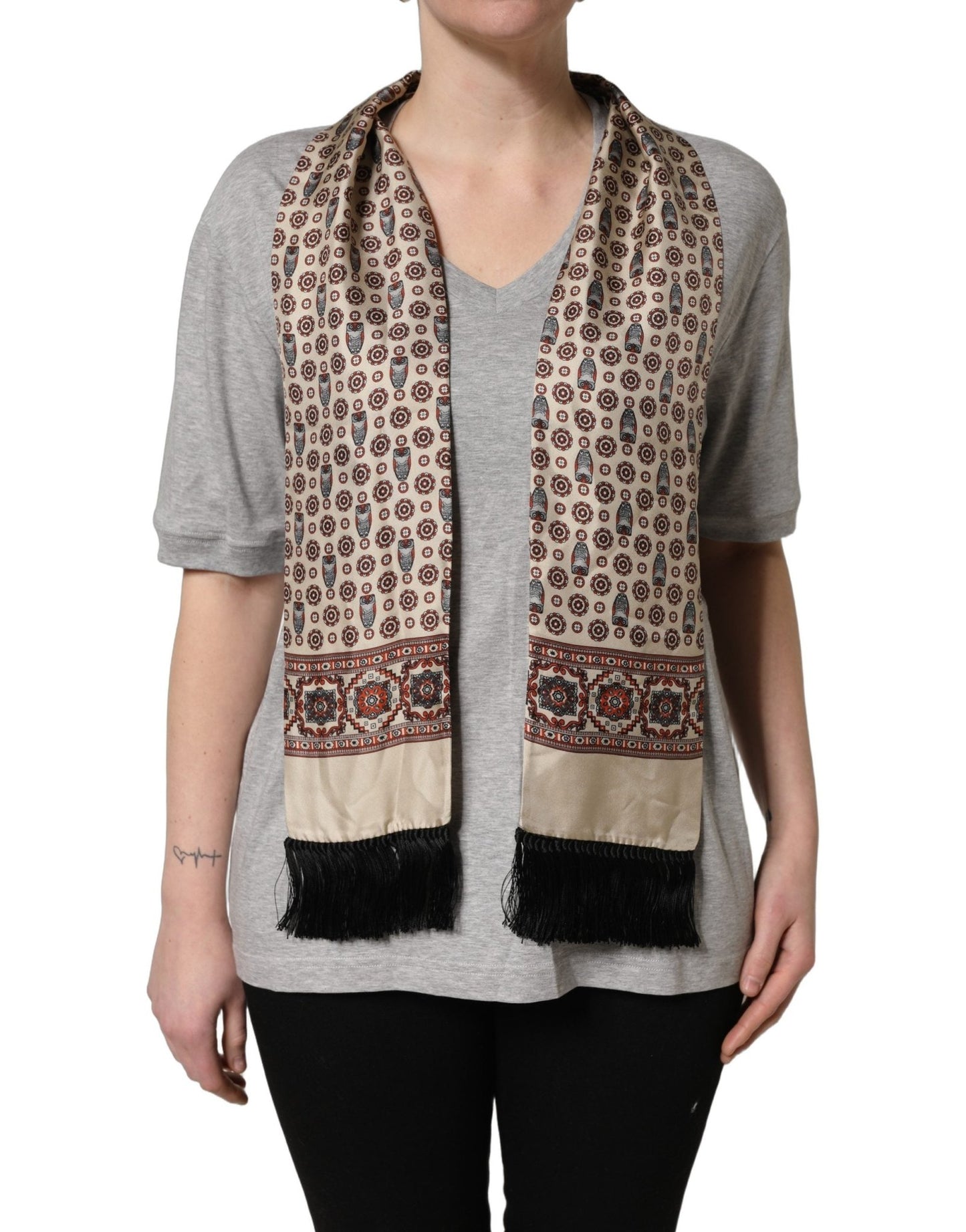 Dolce & Gabbana Gray Cotton V-neck Owl Silk Scarf Top T-shirt - HBPS Beauty & Fashion