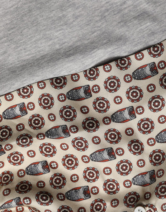 Dolce & Gabbana Gray Cotton V-neck Owl Silk Scarf Top T-shirt - HBPS Beauty & Fashion