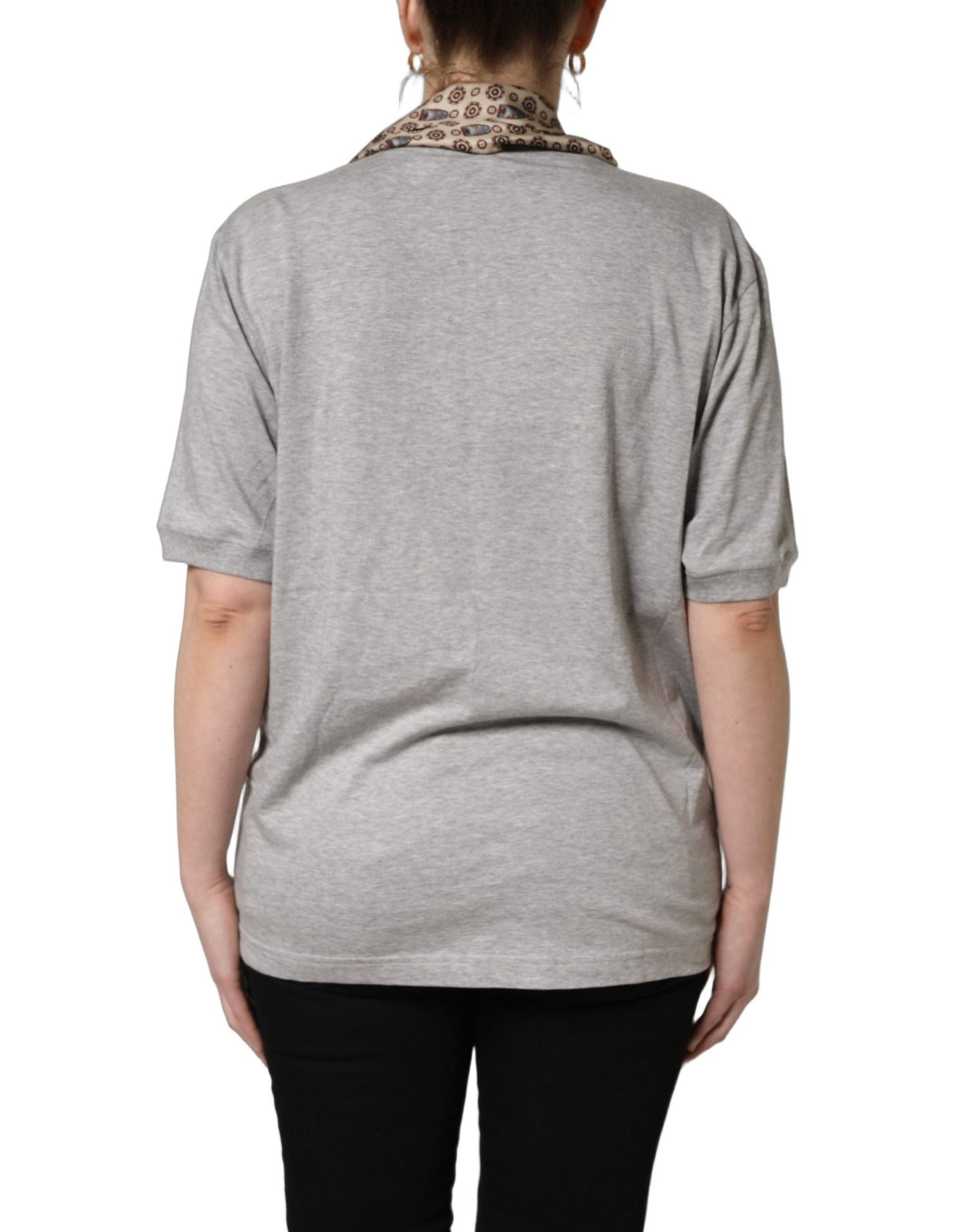 Dolce & Gabbana Gray Cotton V-neck Owl Silk Scarf Top T-shirt - HBPS Beauty & Fashion