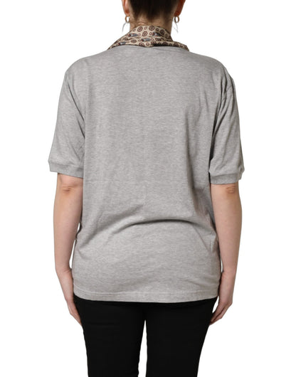 Dolce & Gabbana Gray Cotton V-neck Owl Silk Scarf Top T-shirt - HBPS Beauty & Fashion