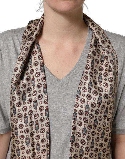 Dolce & Gabbana Gray Cotton V-neck Owl Silk Scarf Top T-shirt - HBPS Beauty & Fashion
