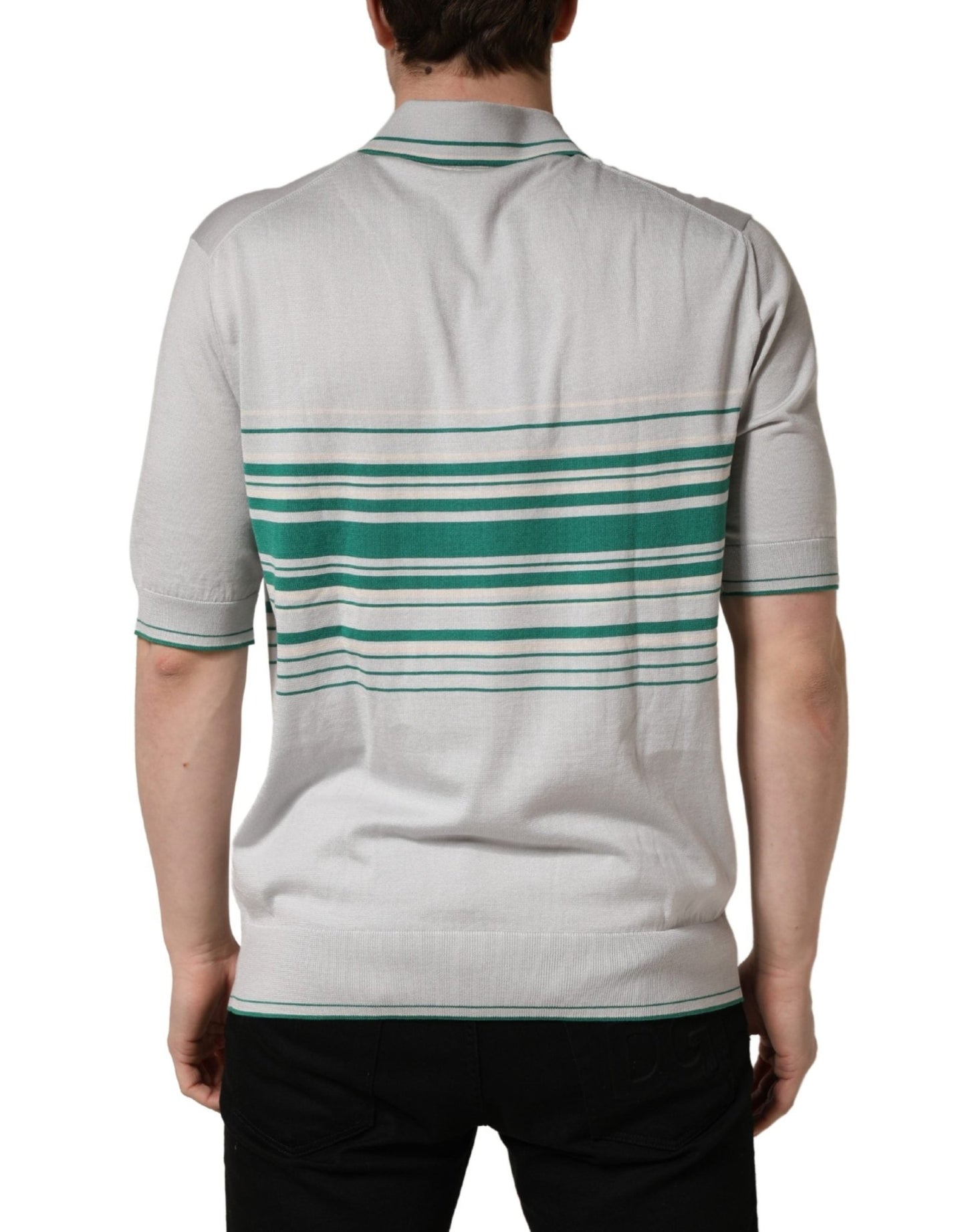 Dolce & Gabbana Gray Green Striped Logo Silk Polo T-shirt - HBPS Beauty & Fashion
