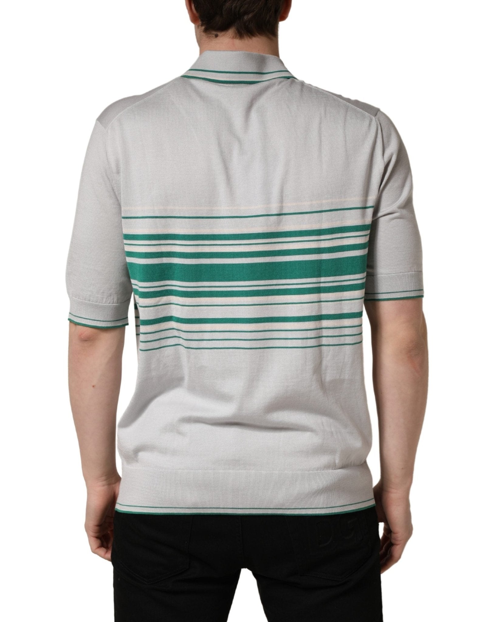 Dolce & Gabbana Gray Green Striped Logo Silk Polo T-shirt - HBPS Beauty & Fashion