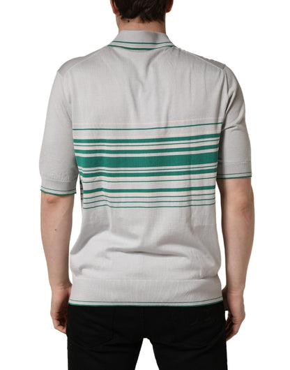 Dolce & Gabbana Gray Green Striped Logo Silk Polo T-shirt - HBPS Beauty & Fashion