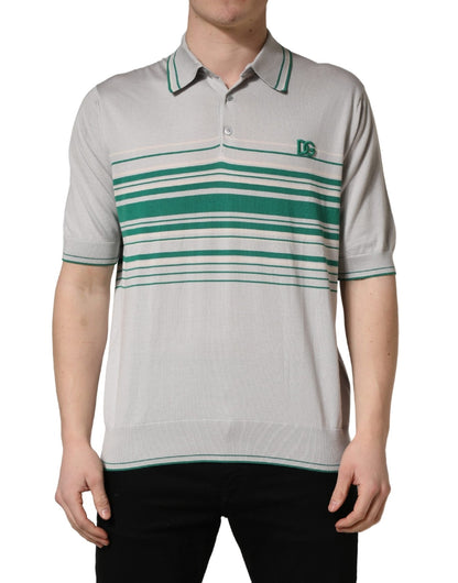 Dolce & Gabbana Gray Green Striped Logo Silk Polo T-shirt - HBPS Beauty & Fashion
