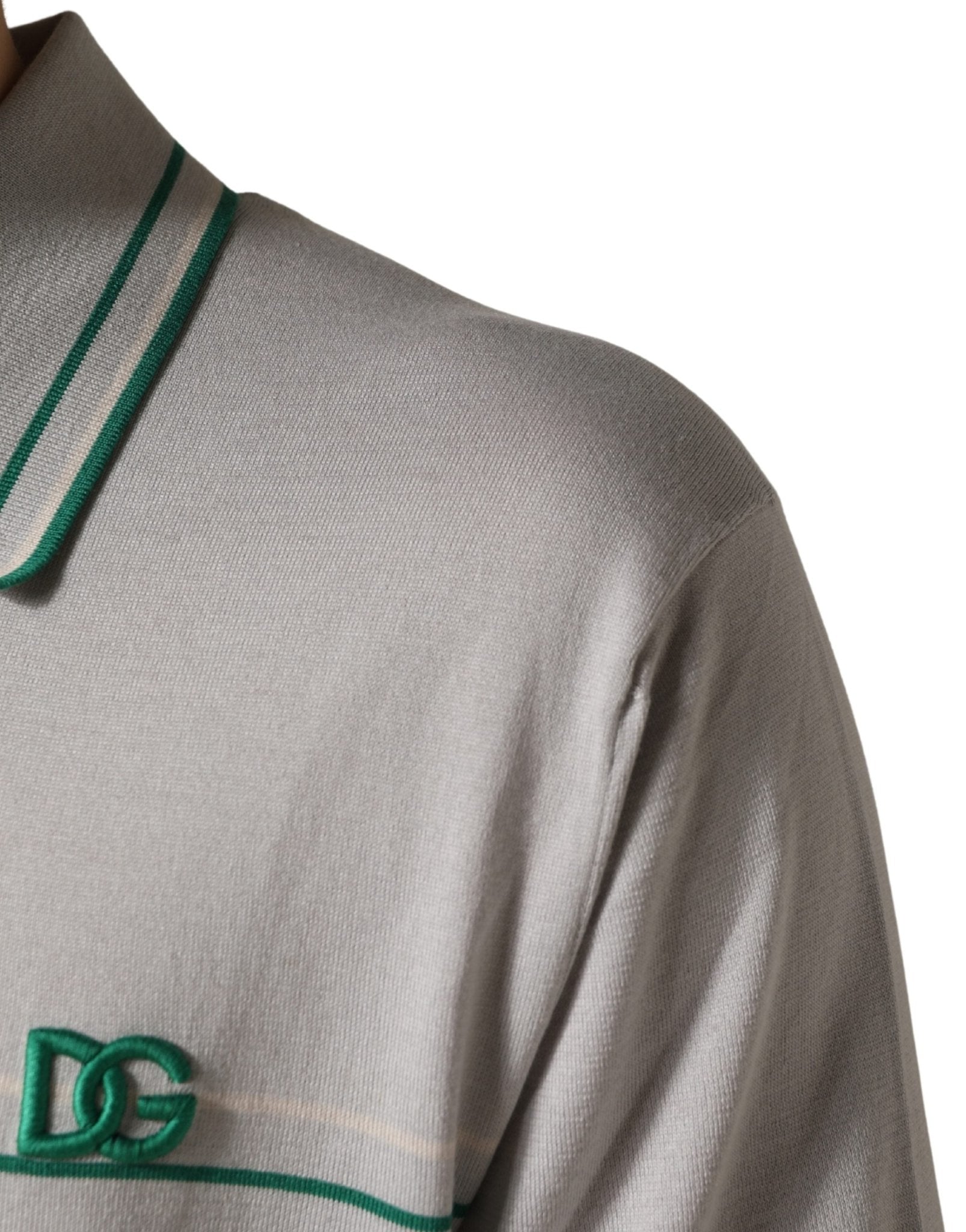 Dolce & Gabbana Gray Green Striped Logo Silk Polo T-shirt - HBPS Beauty & Fashion