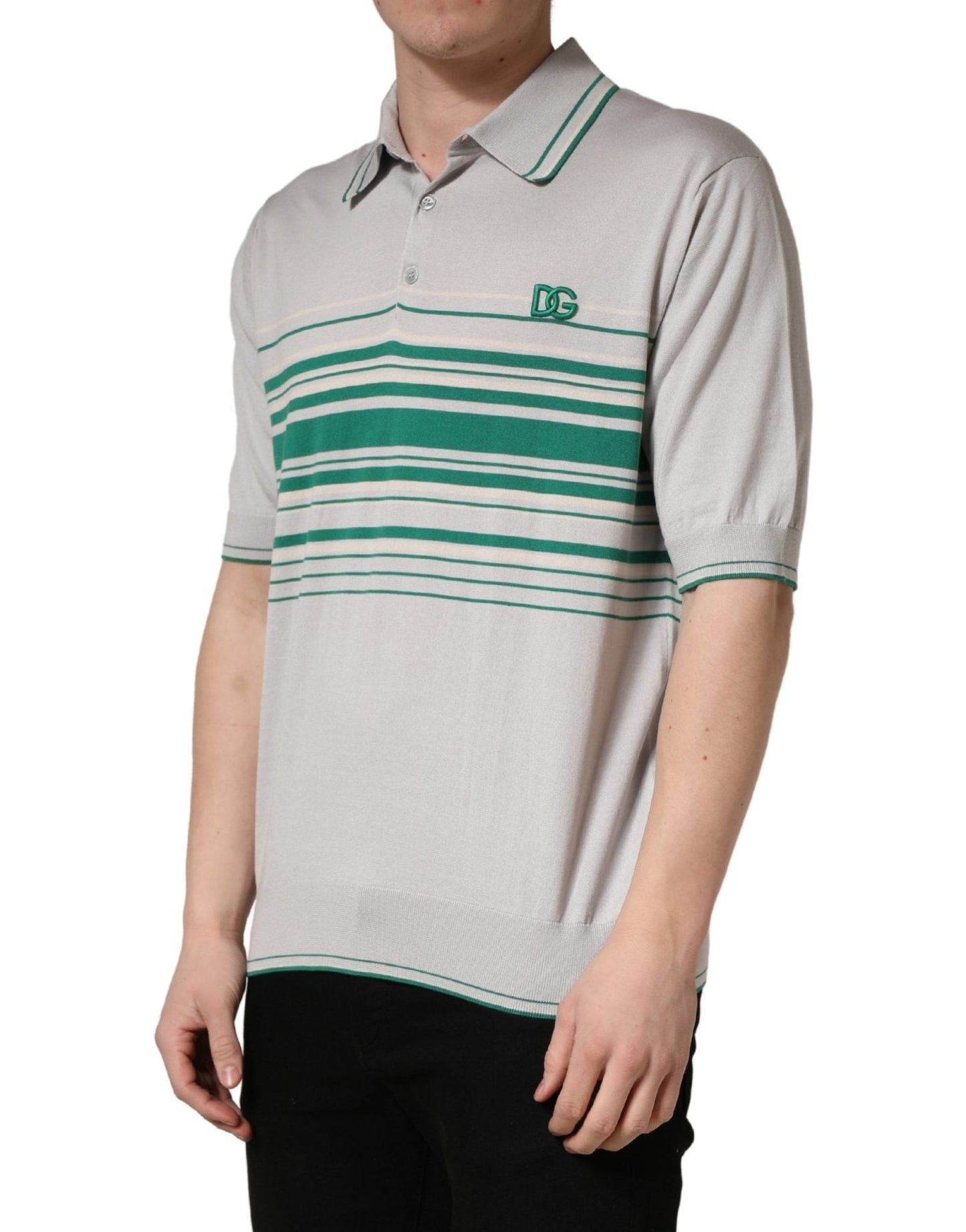 Dolce & Gabbana Gray Green Striped Logo Silk Polo T-shirt - HBPS Beauty & Fashion