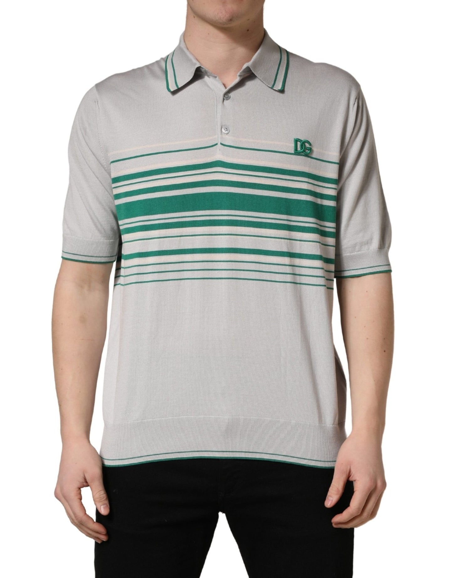 Dolce & Gabbana Gray Green Striped Logo Silk Polo T-shirt - HBPS Beauty & Fashion