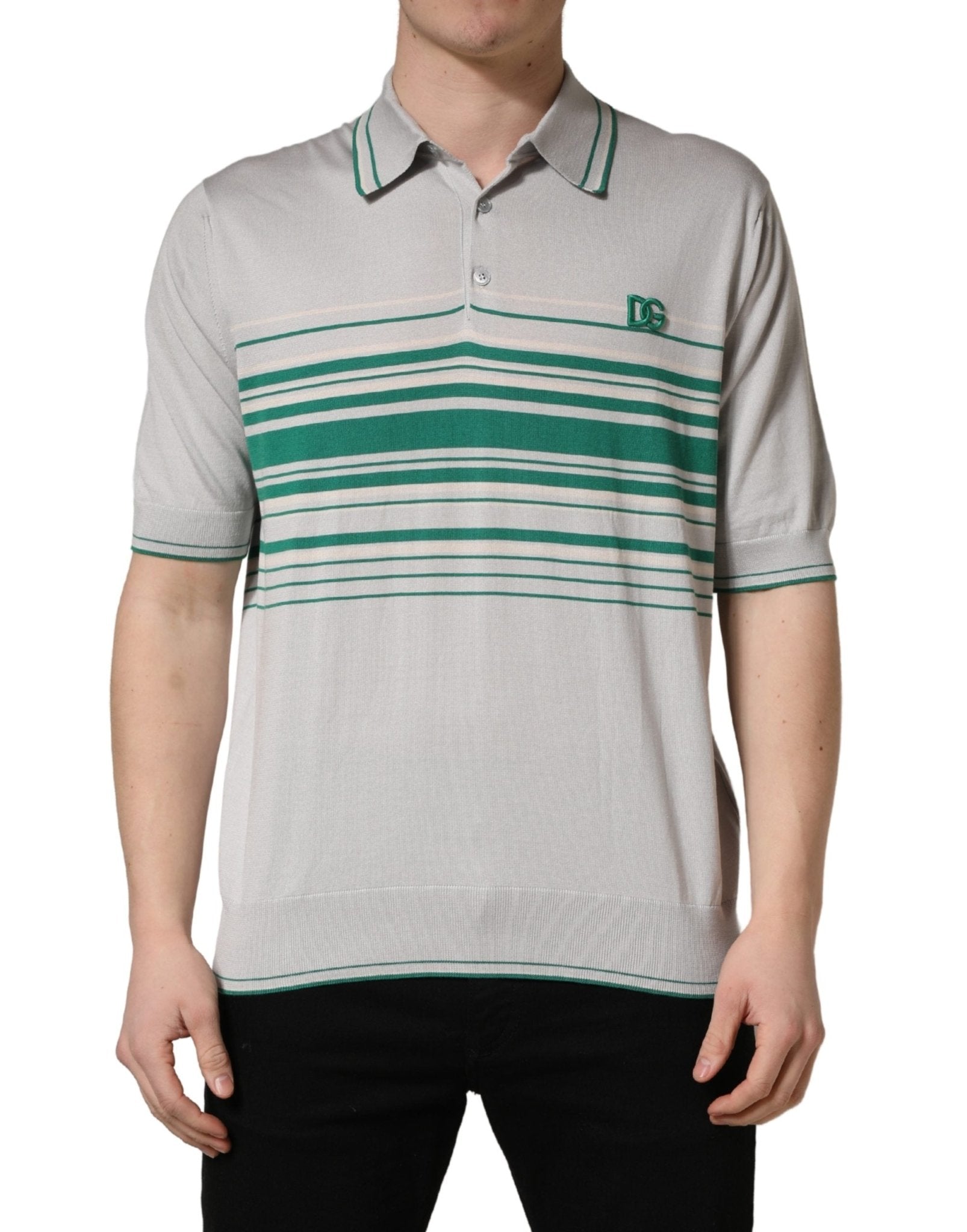 Dolce & Gabbana Gray Green Striped Logo Silk Polo T-shirt - HBPS Beauty & Fashion