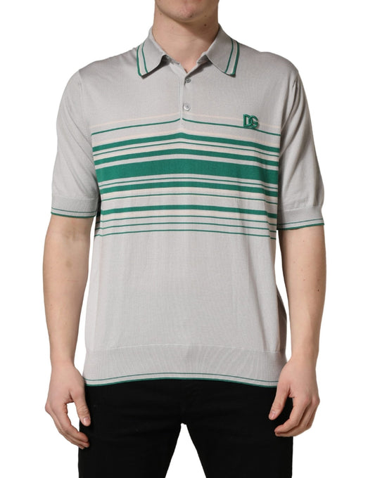 Dolce & Gabbana Gray Green Striped Logo Silk Polo T-shirt - HBPS Beauty & Fashion