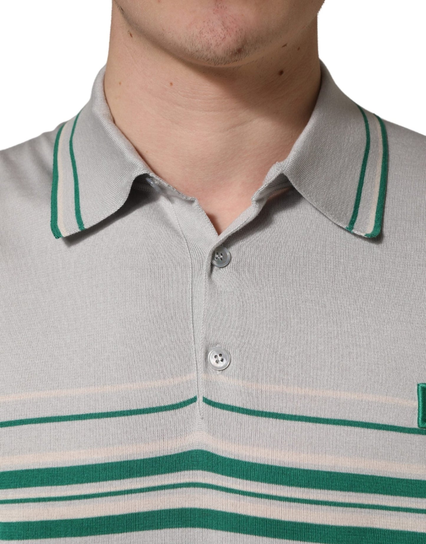 Dolce & Gabbana Gray Green Striped Logo Silk Polo T-shirt - HBPS Beauty & Fashion