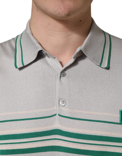 Dolce & Gabbana Gray Green Striped Logo Silk Polo T-shirt - HBPS Beauty & Fashion