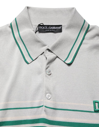 Dolce & Gabbana Gray Green Striped Logo Silk Polo T-shirt - HBPS Beauty & Fashion